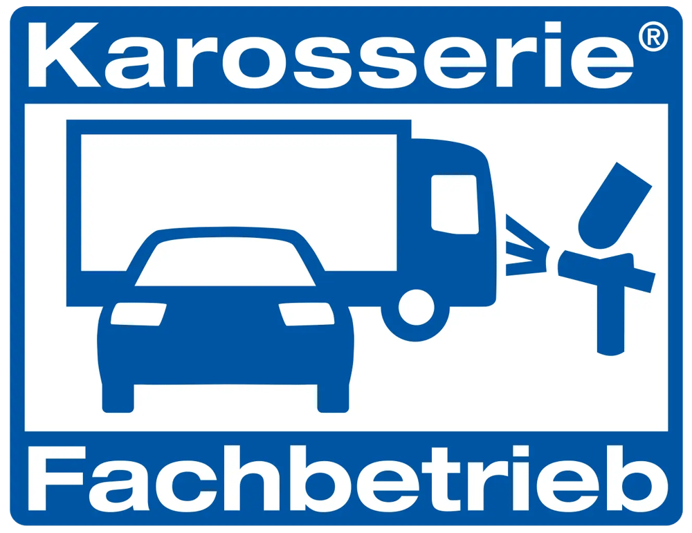 Karosserie Fachbetrieb Logo mit LKW, Auto und Spritzpistole in Blau auf Weiß.