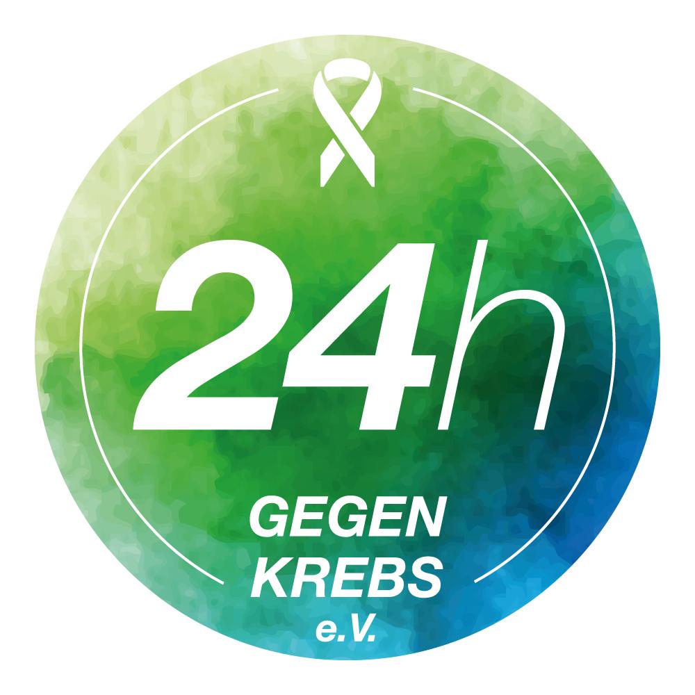 Regenbogenfarbenes Logo mit weißer 24h und Schleife, darunter "GEGEN KREBS e.V."