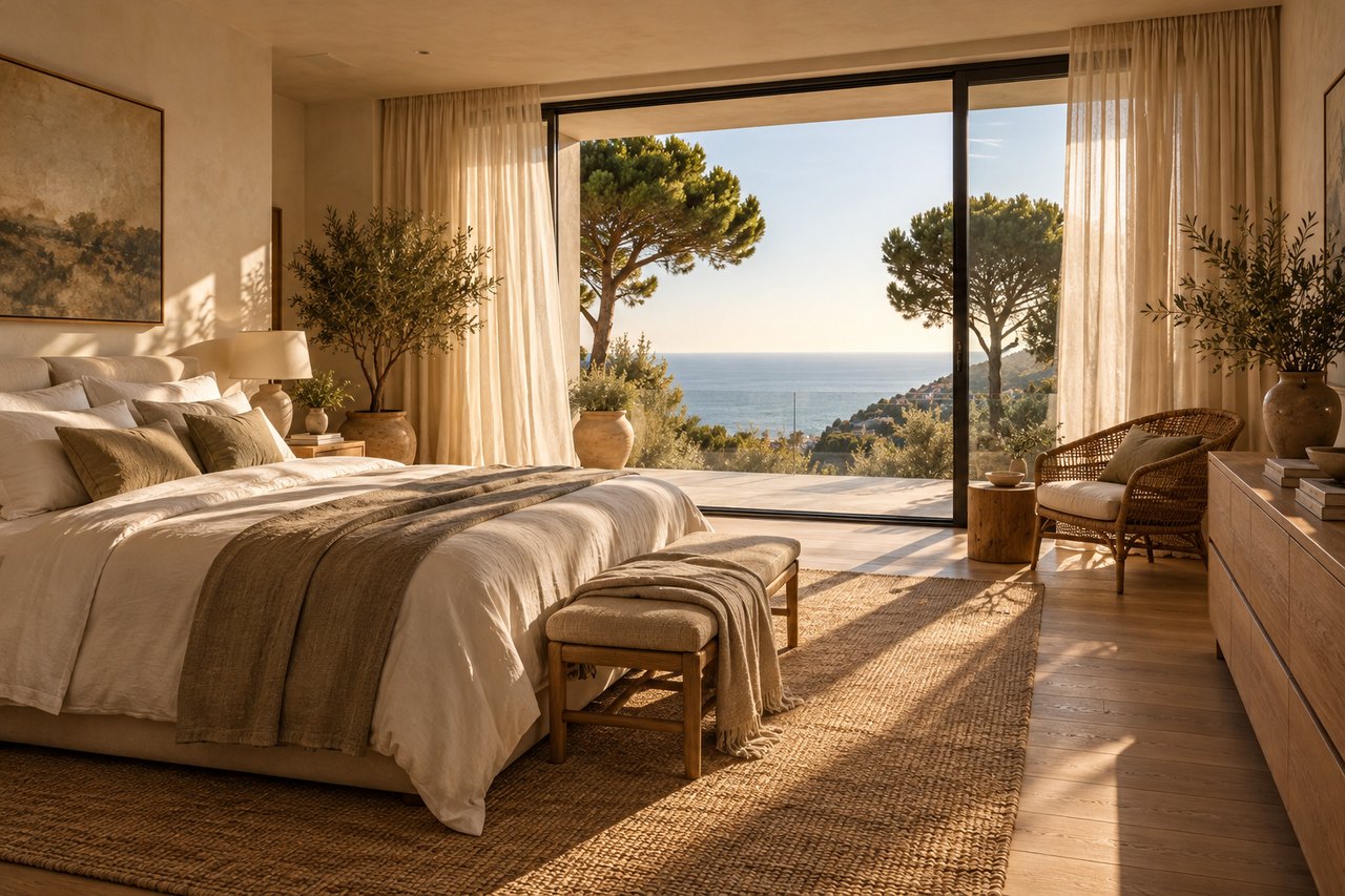 Bedroom with white linen, a rattan chair and a window onto pines and the sea