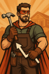 Ein bärtiger Mann im Superhelden-Outfit mit Hammer und aufsteigendem Pfeil vor einem Haus.