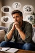 Nachdenklicher Mann sitzt auf einem Sofa mit Gedankenblasen zu Arbeit, Fragezeichen, Haus, gebrochenem Herzen und Globus.