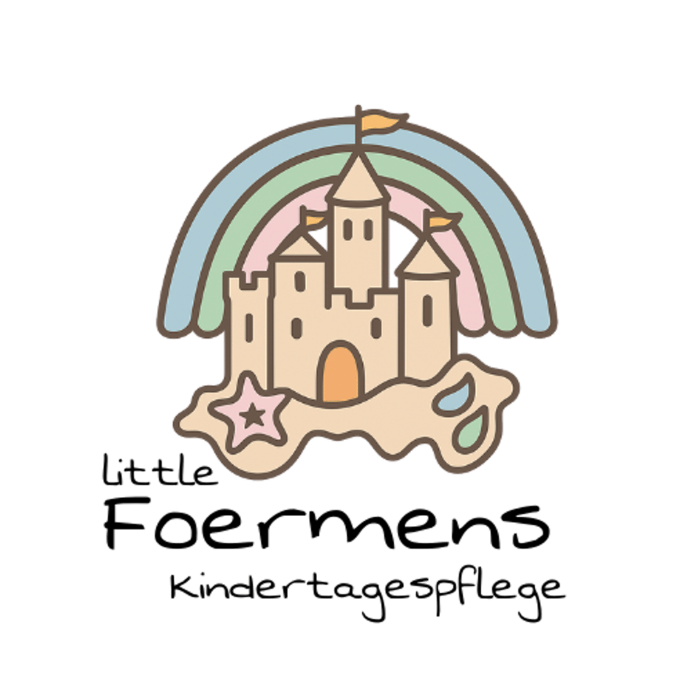 Sandburg mit Regenbogen, Stern und Schriftzug "little Foermens Kindertagespflege".
