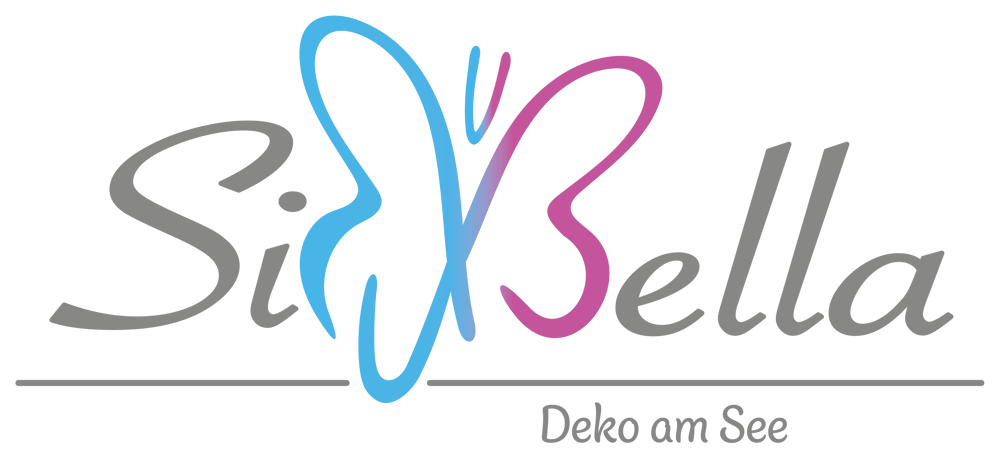 Logo "SiBella Deko am See" mit Schmetterlingsmotiv, dessen linke Hälfte türkis und rechte Hälfte pink ist.