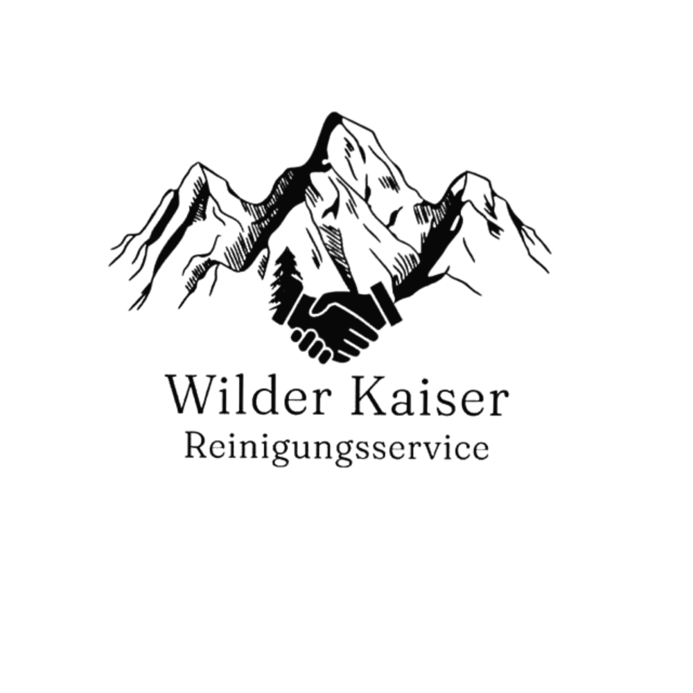 Logo: Bergpanorama mit "Wilder Kaiser Reinigungsservice" in Schwarz auf grünem Hintergrund.