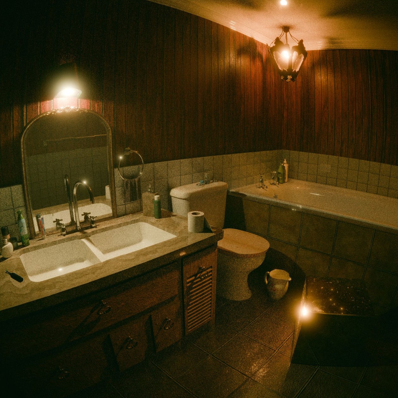 Warm beleuchtetes, modern saniertes Badezimmer mit Holzelementen