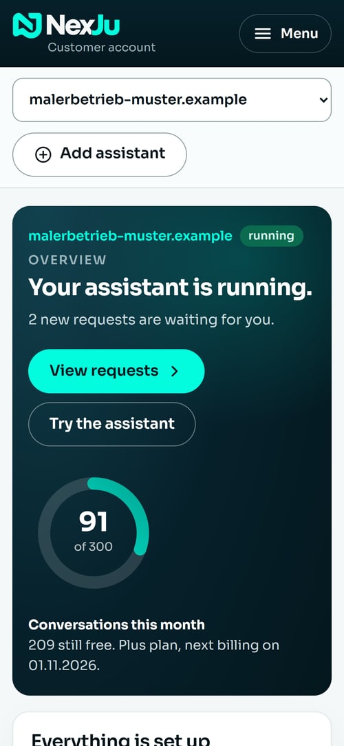Sample view of the customer account as an app on a phone: overview with the usage as a ring