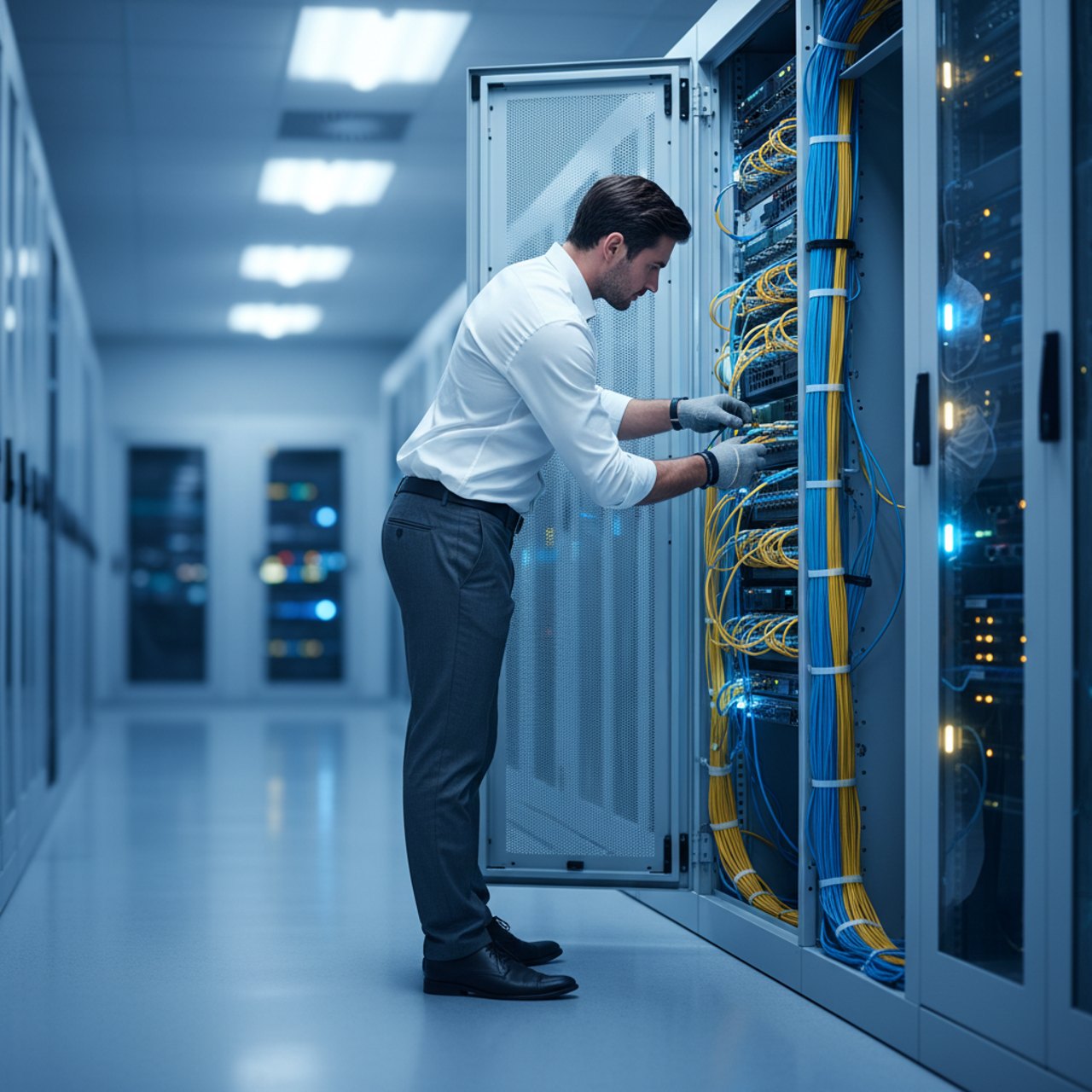 Technikerin am Netzwerkschrank