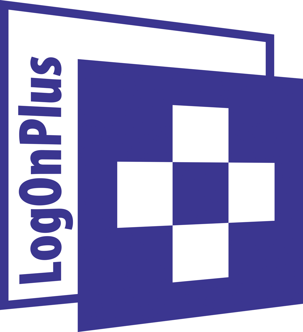 Blue and white LogOnPlus logo with vertical lettering and a white plus symbol made of squares on a blue background.