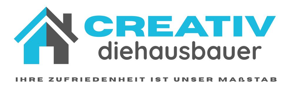Logo mit stilisiertem Haus und den Worten „CREATIV diehausbauer“ und „IHRE ZUFRIEDENHEIT IST UNSER MAẞSTAB“.