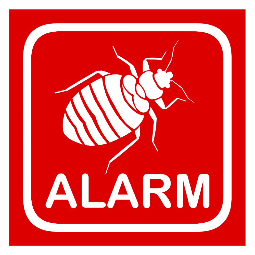 Weißes Piktogramm einer Bettwanze und der Text ALARM auf rotem Hintergrund.