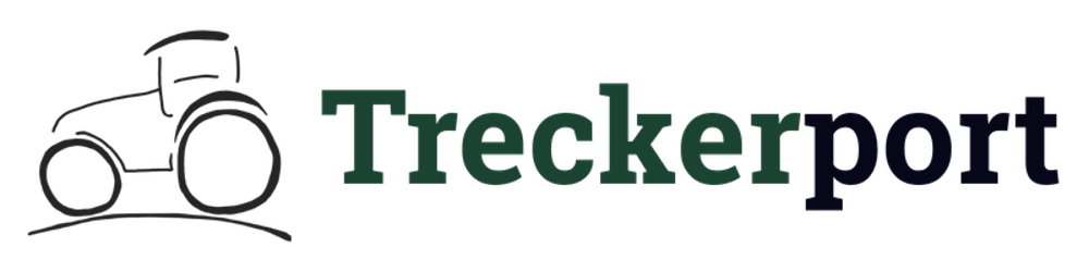 Grauer Traktor und der Schriftzug „Treckerport“ auf dunkelgrünem Hintergrund.
