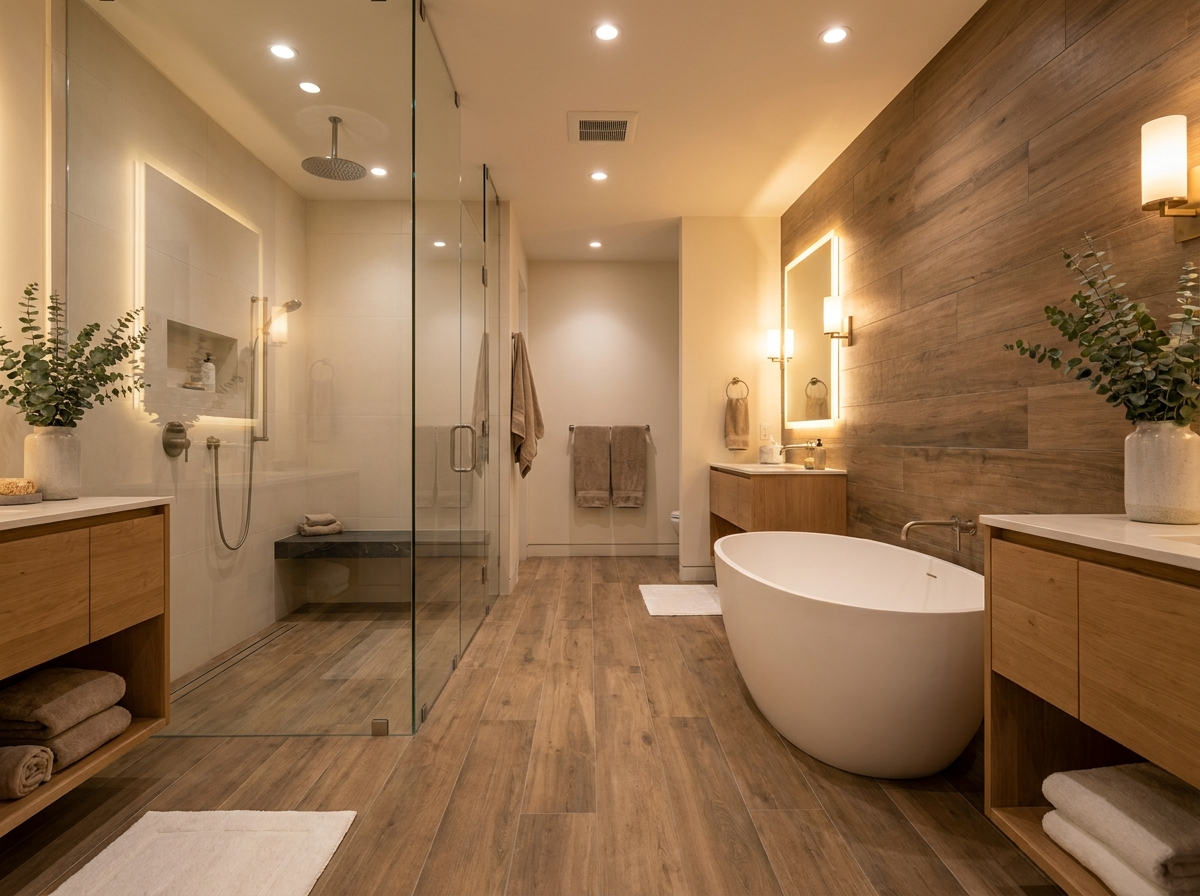 Warmes Spa-Bad in Holzoptik