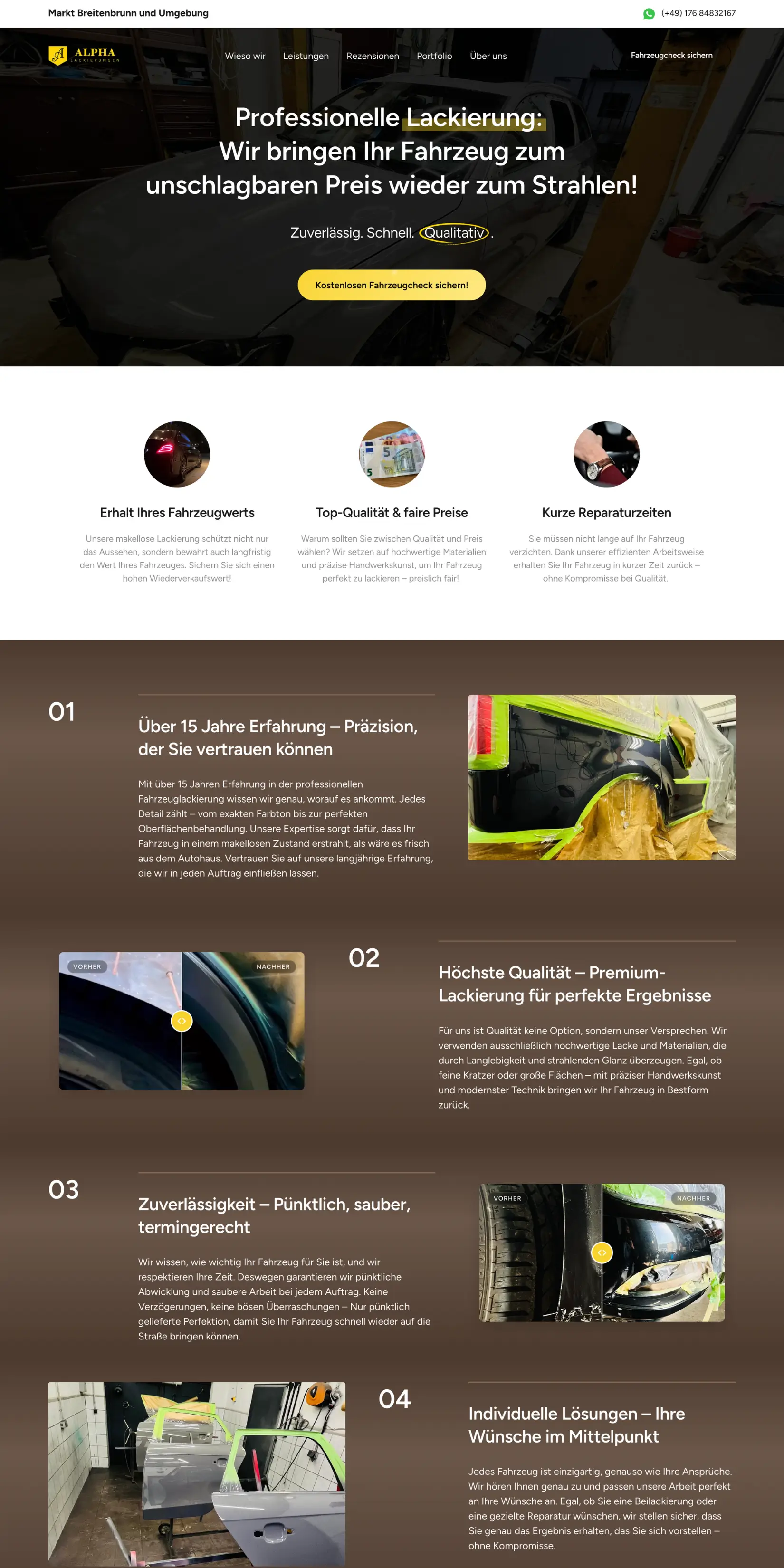 Webdesign für Fahrzeuglackierbetrieb Alpha Lackierungen mit Vorher-Nachher-Vergleich
