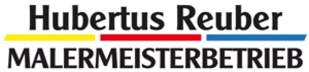 Logo des Malermeisterbetriebs Hubertus Reuber mit gelben, roten und blauen Farbakzenten.