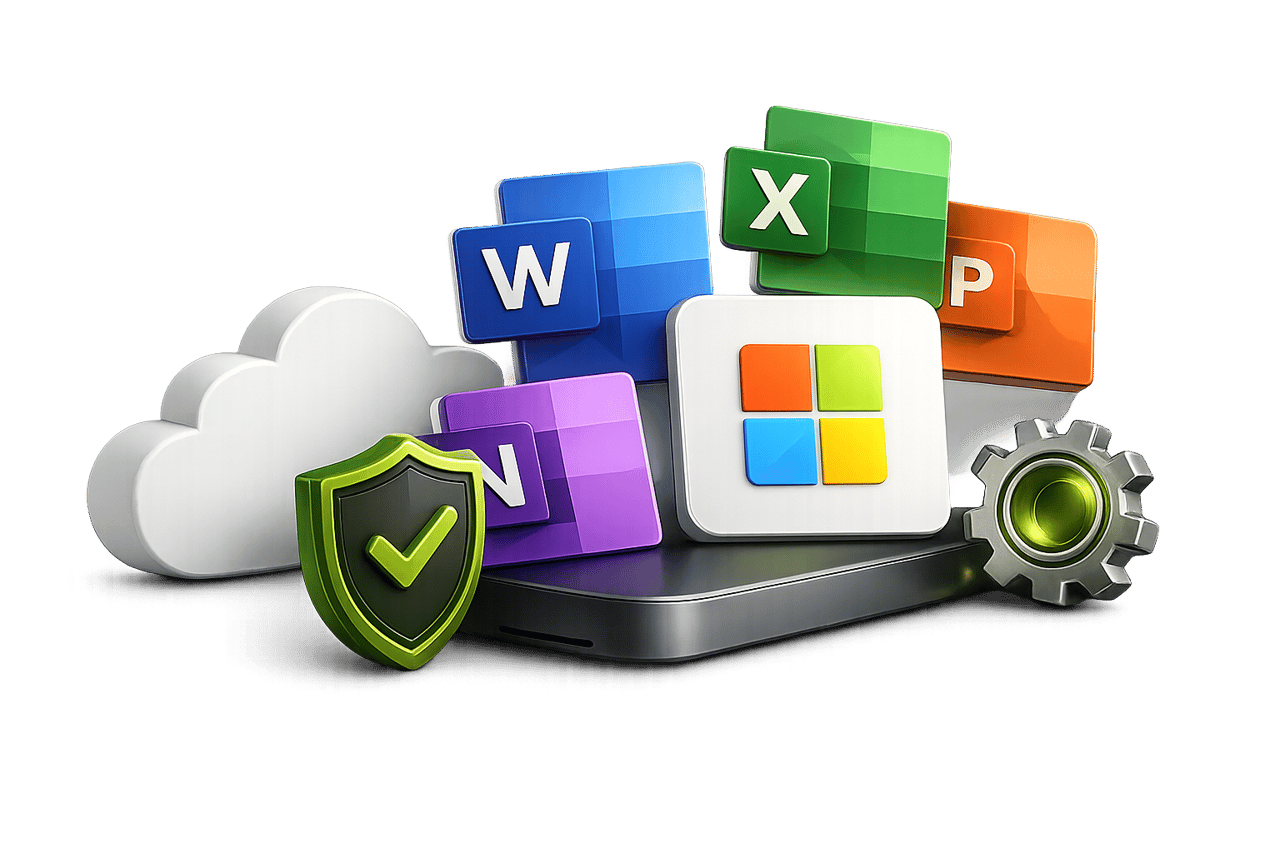 Microsoft-365-Symbole für Word, Excel, PowerPoint und OneNote mit Wolken-, Schild- und Zahnrad-Symbolen als Sinnbild für KI im Arbeitsalltag