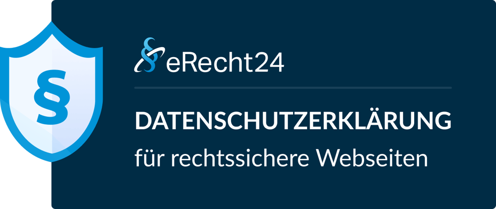 eRecht24 Logo mit blauem Schutzschild-Symbol und Text: Datenschutzerklärung für rechtssichere Webseiten.