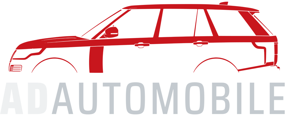 Rote Silhouette eines SUV über dem weißen Schriftzug AD AUTOMOBILE auf schwarzem Hintergrund.