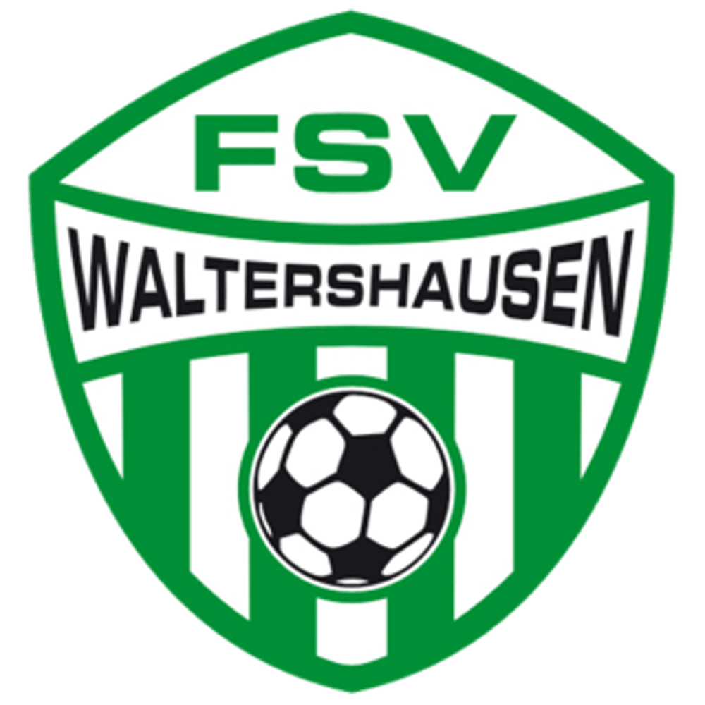 Grün-weißes Logo des FSV Waltershausen mit Fußball in der Mitte und vertikalen Streifen.