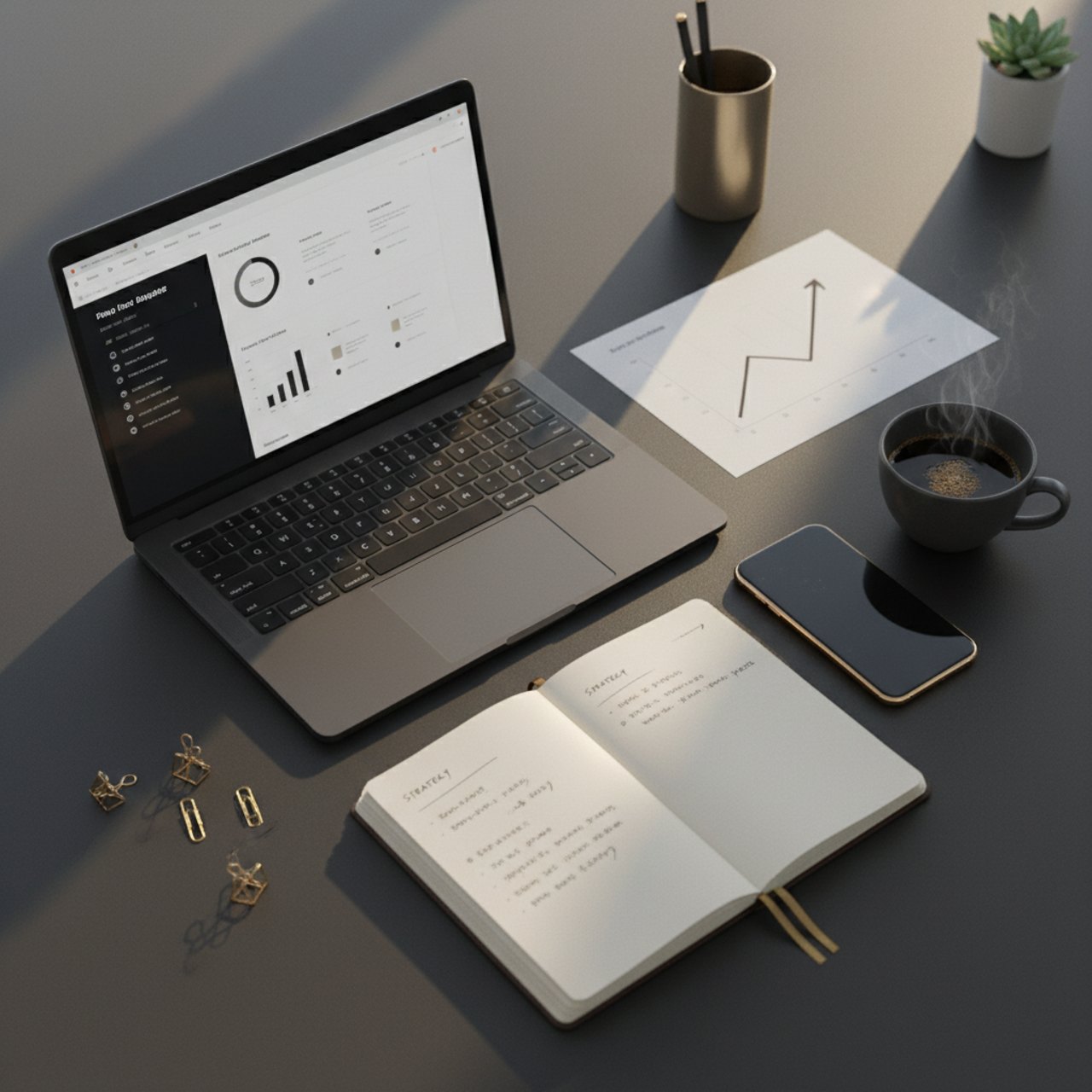 Schreibtisch mit Analyse-Diagramm und Strategie-Notizen