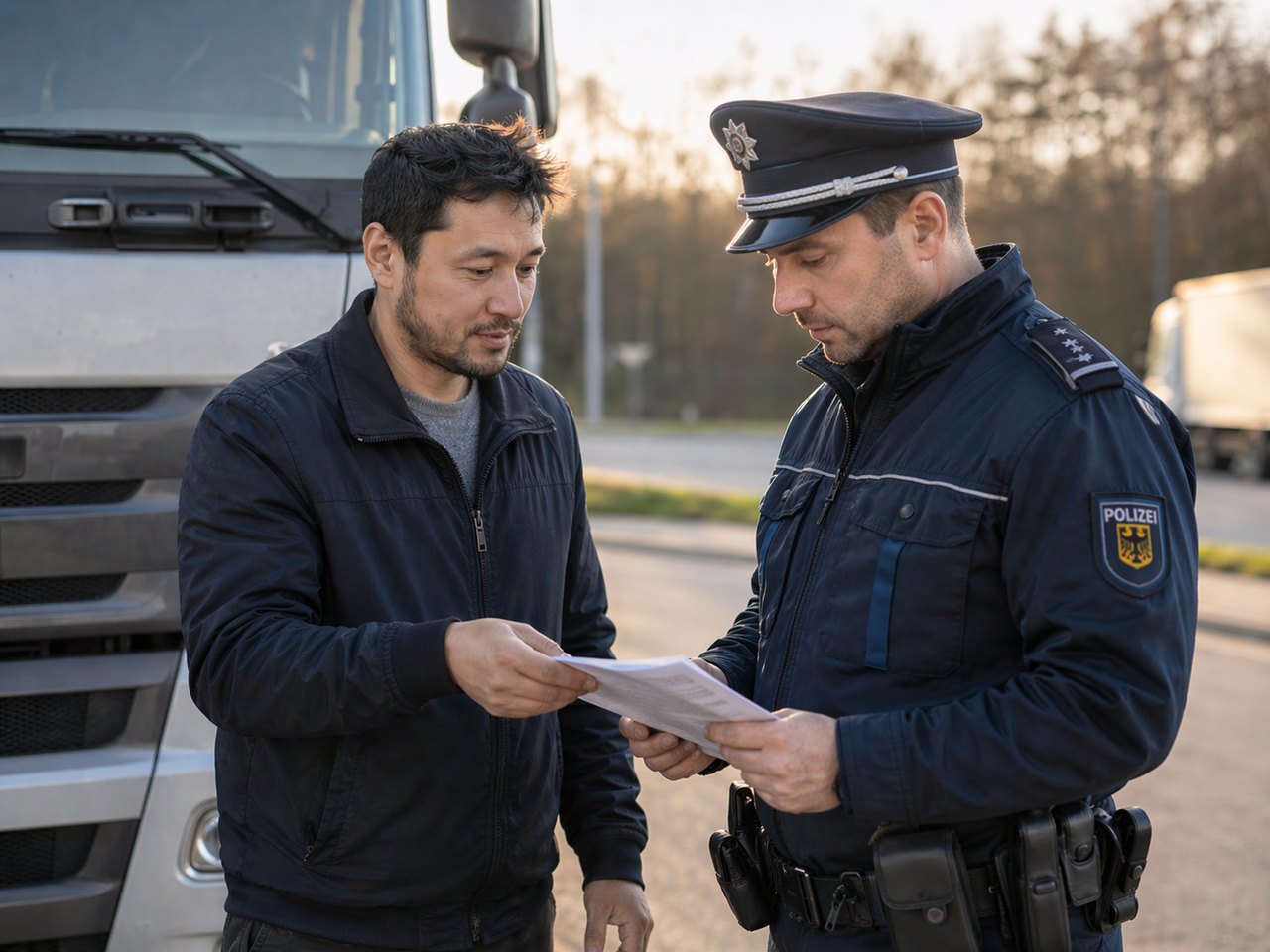 A police officer in conversation with a man handing over papers in front of a truck.