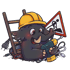 Digitale Illustration im Cartoonlook. Das Mammut mit einem überraschendem Blick Hockt in einem Gully und drumherum sind Accessoires einer Baustelle. Leiter, Kabel, Werkzeug, Baustellenschild