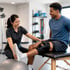 Sports therapist stretching a man's leg with a knee brace on an examination table.