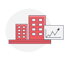 Zwei rote Gebäude mit Fenstern und ein weißes Diagramm mit aufsteigender Linie. Das Icon steht sinnbildlich für die Wohnungswirtschaftsbranche.
