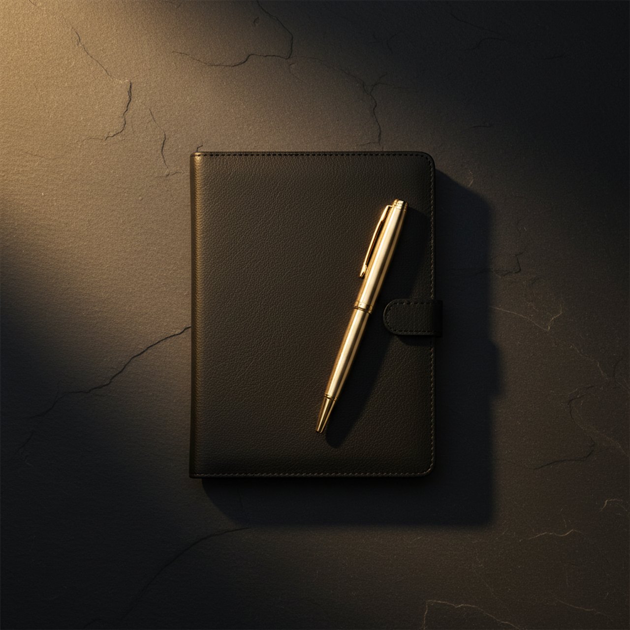 Schwarzes Notizbuch mit Stift