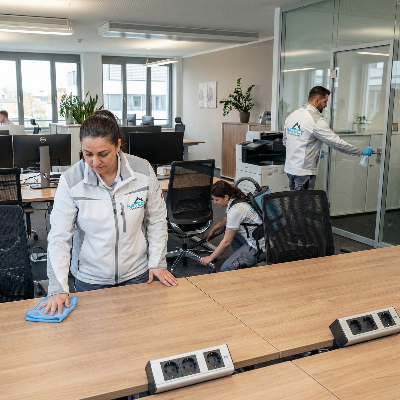 Hatect-Reinigungsteam bei der Büroreinigung: Arbeitsplätze, Böden und Glastüren im Großraumbüro