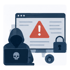 Hacker vor Laptop mit Totenkopf, Warnsymbol auf Bildschirm, Schloss, und Käfer-Symbol - Krisenstab-Software Notfall- und Krisenmanager (NKM®).