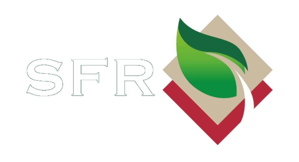 SFR Logo mit weißem Text "SFR" und einem stilisierten Blatt auf beigen und roten Formen.