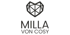 Logo von Milla von Cosy mit einem stilisierten, herzförmigen Gittermuster darüber.