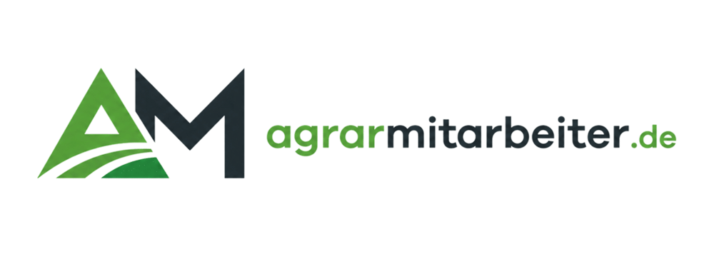 Logo "AM" mit grünem A, das Feldlinien darstellt, und dunkelgrauem M, daneben "agrarmitarbeiter.de" in Grün und Grau.