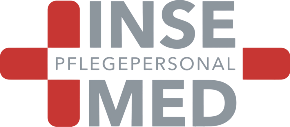 Rotes Kreuzsymbol mit grauem Text "INSE" oben, "PFLEGEPERSONAL" in der Mitte und "MED" unten.
