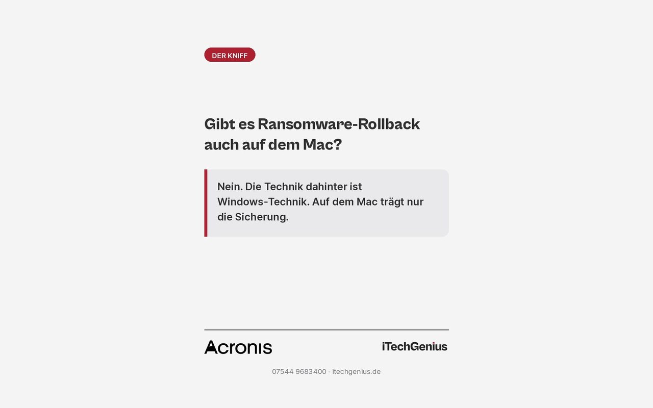 Grafik von iTechGenius: Gibt es Ransomware-Rollback auch auf dem Mac? Nein, auf dem Mac trägt nur die Sicherung.