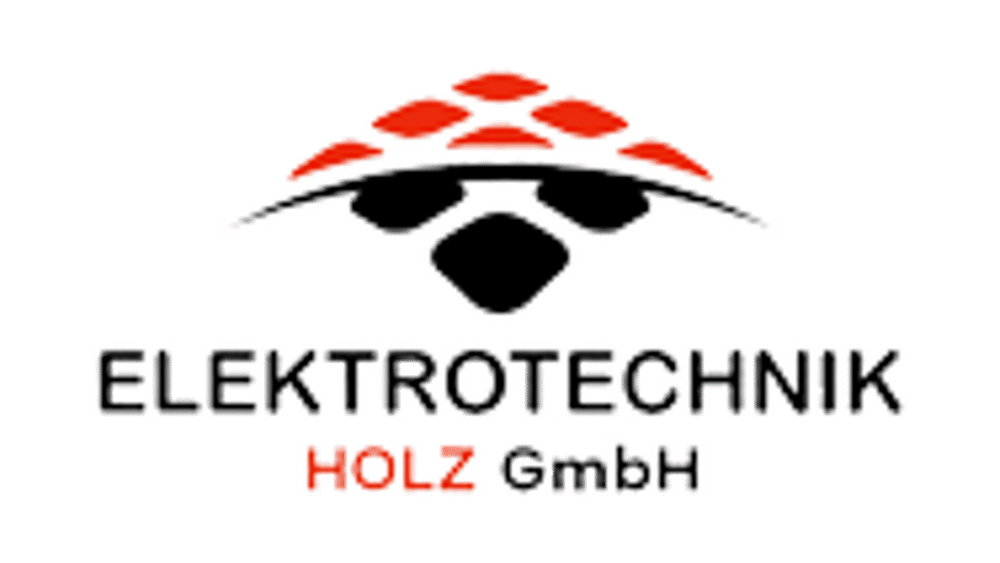 Logo Elektrotechnik Holz GmbH mit schwarzem Bogen und roten, ovalen Formen darüber.