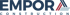 Blaues Logo mit "EMPORA" und "CONSTRUCTION" darunter, mit einem Dreieck aus drei Streifen in Rot, Blau und Hellblau.