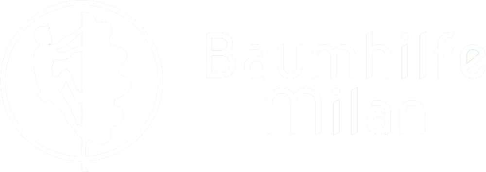 Logo: Person klettert an Baum, daneben "Baumhilfe Milan" in Weiß auf grünem Hintergrund.