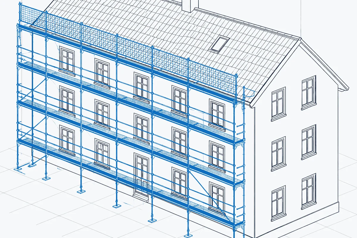 Zeichnung eines Hauses mit fertigem Gerüst und Firmenplane