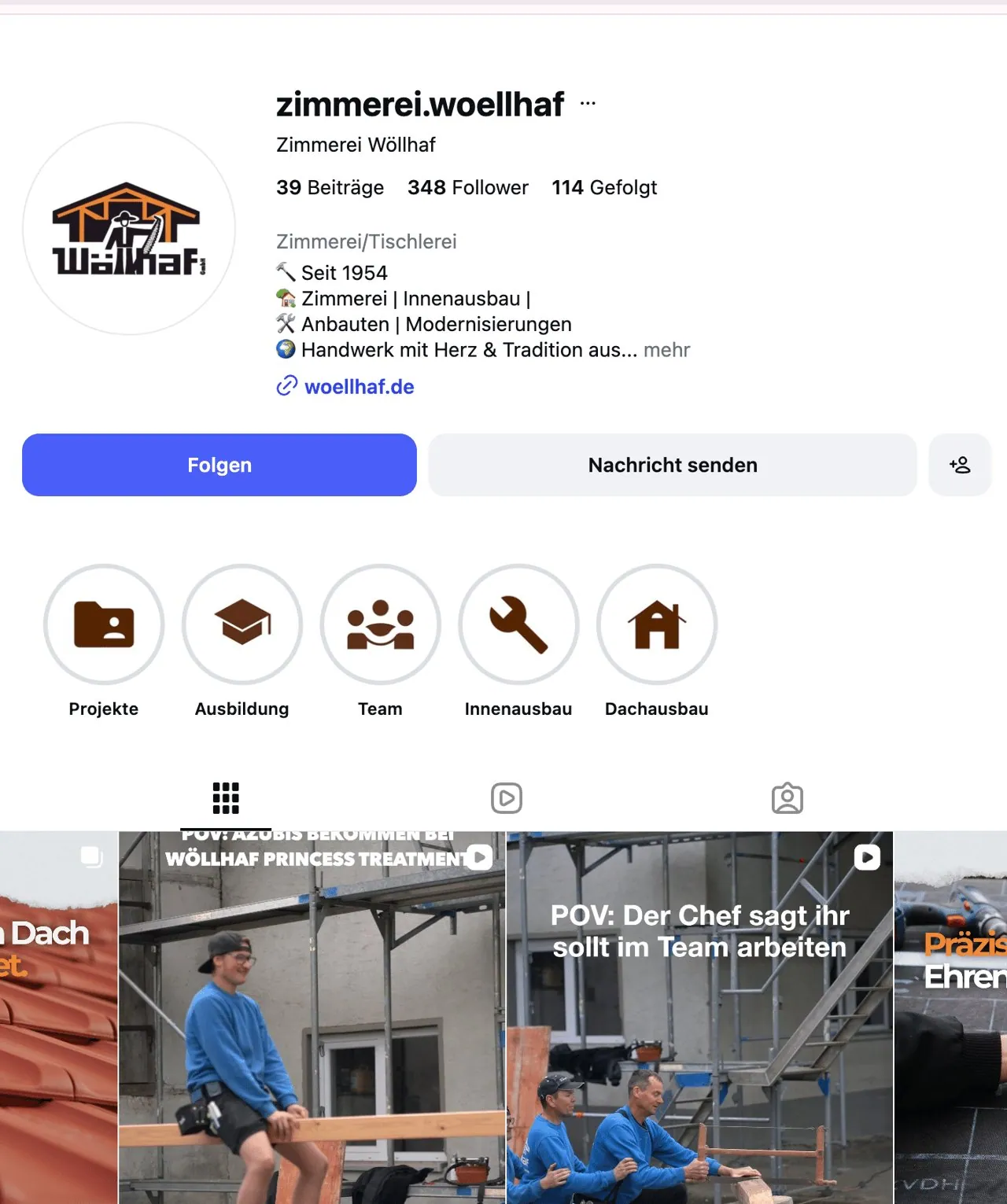 Instagram-Profil der Zimmerei Wöllhaf