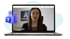 Laptop zeigt Frau in Microsoft Teams Videokonferenz mit Namen Alexandra Albert und Logo Albert Digital im Hintergrund.