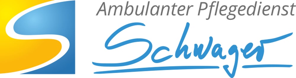 Logo: Ambulanter Pflegedienst Schwager mit blauem "S" auf gelb-blauem Hintergrund.