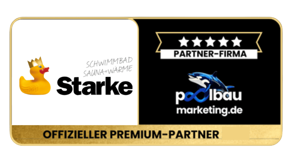 Linke Seite zeigt eine gelbe Gummiente mit Krone und Text "Schwimmbad Sauna Wärme Starke", rechts Partnerfirma podibau marketing.de mit Logo.