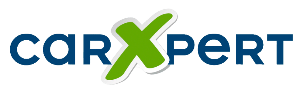 Blaues carXpert Logo mit einem großen grünen X auf schwarzem Hintergrund.