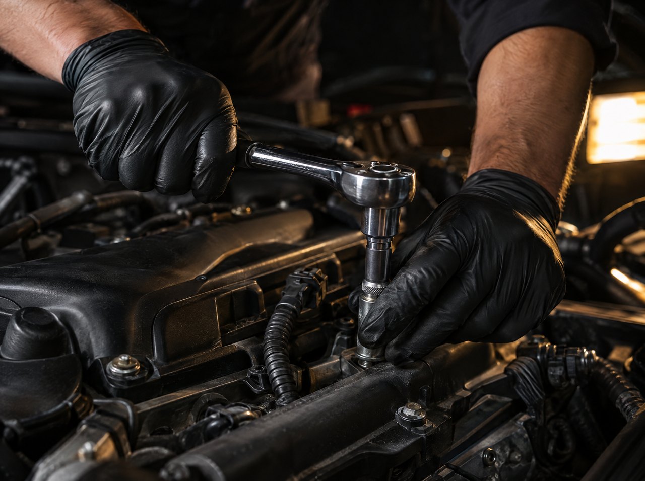 Hände eines Mechanikers bei der Arbeit am Motor