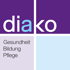 Logo "diako Gesundheit Bildung Pflege" in lila, hellblau und weiß.
