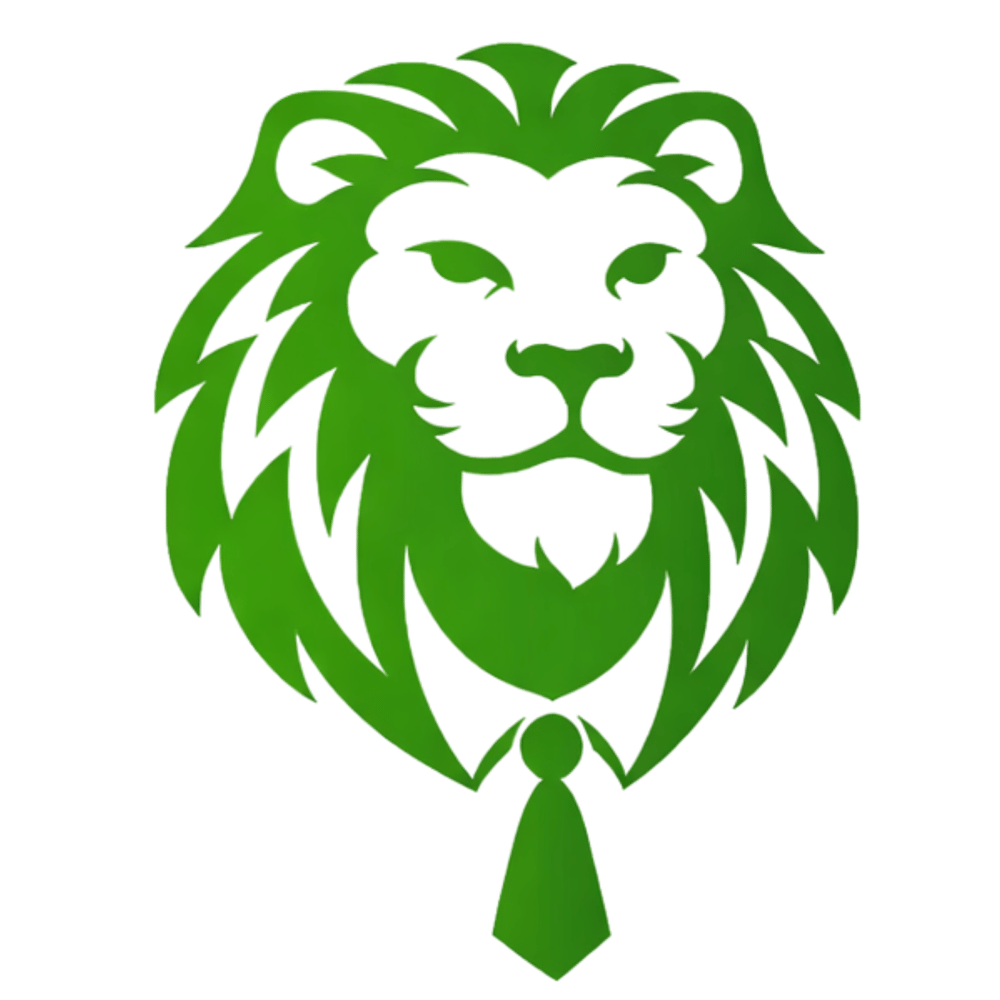 Grüne Löwenkopf-Kontur mit einer Krawatte am Hals.