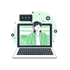 Illustrationen von einem Laptop auf dem eine doQtor Therapeutin mit Headset zu sehen ist