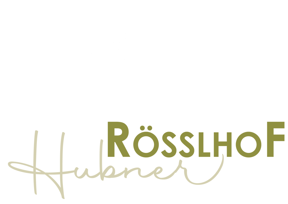 Umriss eines Pferdekopfes und eines Lamas mit Text "RÖSSLHOF Hübner" auf grünem Hintergrund.