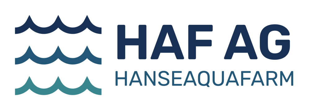 Logo der HAF AG Hanseaquafarm mit drei übereinanderliegenden Wellensymbolen in verschiedenen Blautönen auf schwarzem Grund.